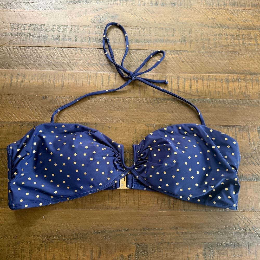 Boden Polka Dot Bandeau Bikini Top Navy Gold Halter Swimwear Women US 16-18